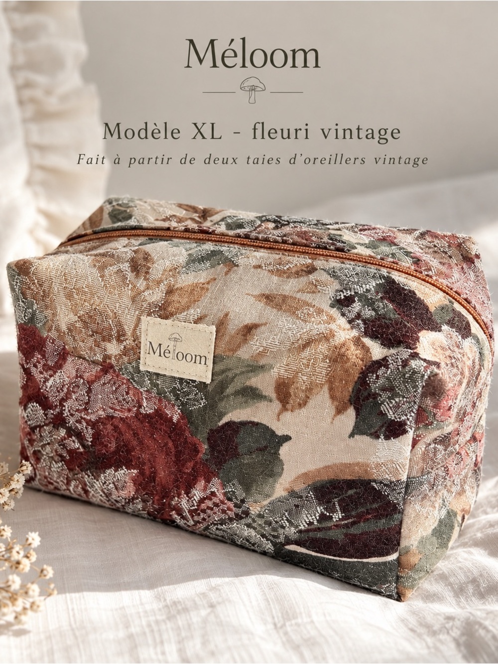 Handmade Mellon Floral XL Cosmetic Bag — Brown & Green